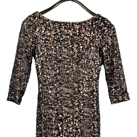 AIDAN MATTOX SEQUIN EMBELLISHED CROCHET LACE BOAT NECK 3/4 SLEEVES SHEATH DRESS - Picture 5 of 14